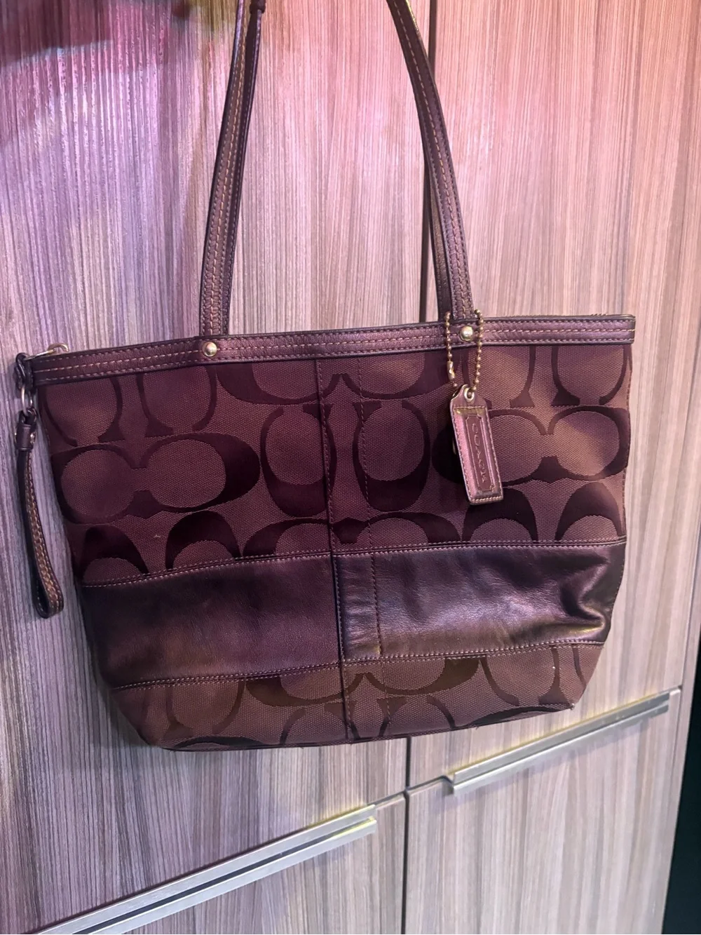 Coach Chocolate Signature Canvas Tote with Leather Trim
